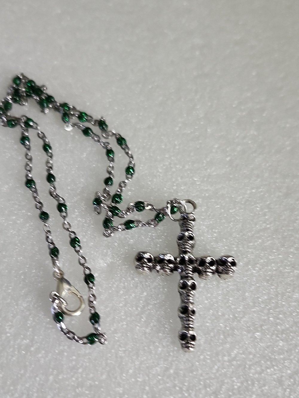 Hand Crafted Silver Cross Necklace with Green Beaded Chain